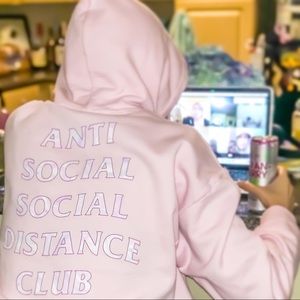 Social Distance hoodie in pink w multicolor print